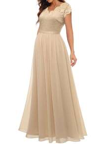 Women's Long Evening Dress, Solid Color Lace Patchwork Backless V Neck Elegant Dress, Simple One-Piece Clothes - 香檳色 - 查看 3