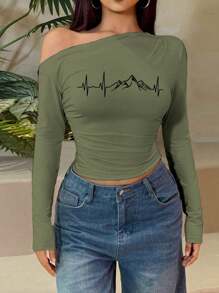Mountain Peak Print Women's Off Shoulder Long Sleeve Top Sexy T-Shirt Spring Summer Ruched Y2K Clothing
