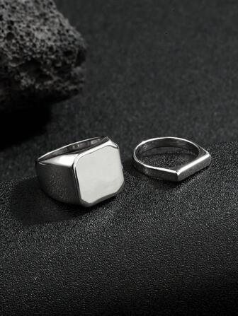 2 件不锈钢银色方形和矩形简约设计男士戒指套装，适合日常装饰