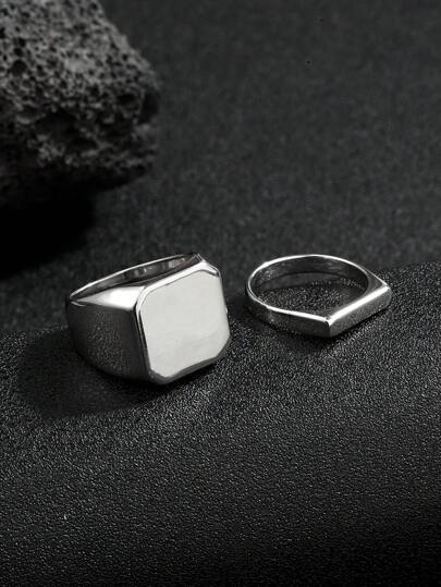 2 件不锈钢银色方形和矩形简约设计男士戒指套装，适合日常装饰