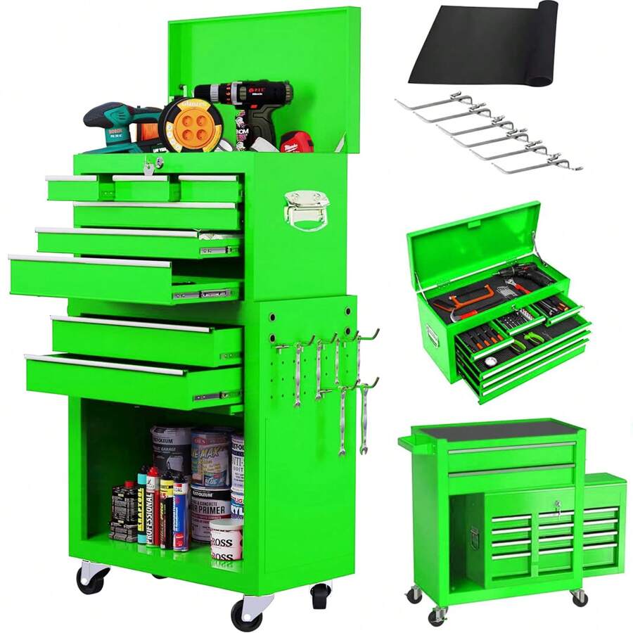 Artbros Rolling Tool Chest, 8-Drawer Tool Cabinet With Lockable Wheels And Detachable Top Tool Box, Tool Cart For Warehouse, Workshop, Green - Green - View 1