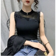 Women's Knitted T-Shirt Top - 黑色 - 查看 3