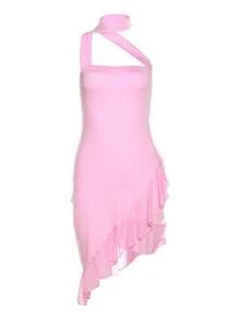 Women's Fashion Halter Off Shoulder Cross Mesh Splice Ruffle Hem Fitted Party Cocktail Dress, Spring/Summer - View 9