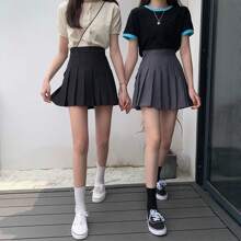 FATSHEI Falda Plisada De Cintura Alta Para Mujer, Faldas De Coreano,Falda plisada de moda, media falda, estilo coreano, temperamento, faldas para mujer, falda corta en forma de A, cintura alta, versátil, delgada, fresca, color sólido. Falda corta estilo coreano de otoño para mujer, minifalda plisada sexy de cintura alta. - Gris - Ver 2