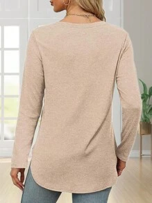 Women's Solid Color Crew Neck Shirt With Side Split Long Sleeve Casual Basic Top - Beige - View 2