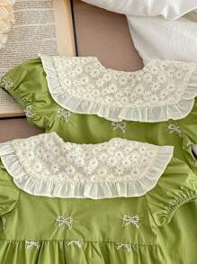 夏季新款女婴刺绣蝴蝶结甜美蕾丝连体衣 - 綠色 - 查看 4