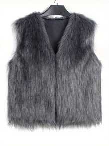 Women Faux Fur Vest, Sleeveless Open Front Solid Outwear Gilet For Casual Street - Dark Grey - View 2