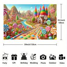 Telón de fondo fotográfico estilo mundo de dulces fantasía - Pueblo de dulces imaginario con árboles de piruletas, castillo de dulces y sendero de colores dulces - Adecuado para fiestas de cumpleaños dulces, sesiones de fotos y actividades divertidas - Albaricoque - Ver 3