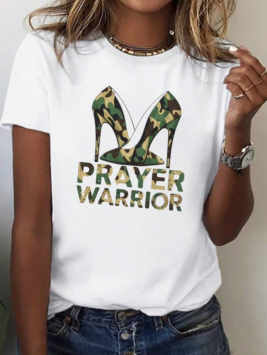Prayer Warrior High Heels Cotton Women's T-Shirt, 220g Pure Cotton, Casual Crew Neck, Ideal For Comfy, Relaxed Outings.