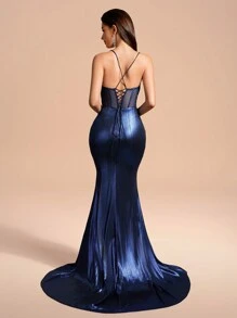 Romantisches Spaghettiträger Taille plissiertes Bindeband Schlitz Party Kleid - marineblau - Übersicht 2