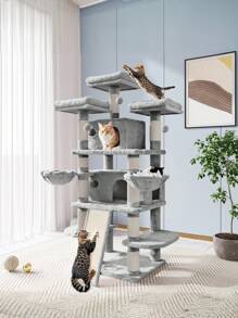 Allewie 68 Inches Multi-Level Cat Tree House With Condo, Sisal Scratching Posts, Cozy Plush Cat Perches, Hammocks, And Play Balls - Smokey Grey, Light Grey, Pink, Leopard Print – Large Cat Tower Activity Center For Indoor Cats And Kittens - Árbol Para Gatos Grandes Con Casa, Rascadores De Sisal, Perchas Acolchadas, Hamacas Y Juguetes Para Gatos De Interior * Bed Frame Queen Queen Bed Frame Bed Frame Full Full Size Bed Frame King Size Bed Frame Twin Bed Frame Room Decor Home Decor Christmas Decor Bedroom Decor Valentine Day Decor Storage Living Room Decor Furniture House Decor - Xám - Xem 2
