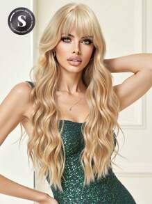 高品质 24 英寸长金色卷发合成耐热纤维假发带刘海女士假发非常适合节日派对日常佩戴 - 金色 - 查看 1