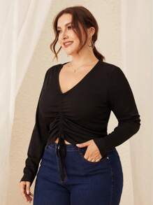 Camiseta de Talla Grande de Manga Larga de Talla Grande para Mujer Casual, Camisa de Talla Grande de Talla Grand de Punto para Dama con Cuello En V Y Cordón, Camisa Deportiva para Yoga Plisada, Camisa Top Informal Holgado - Negro - Ver 2