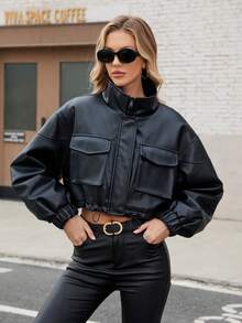 ZIAI Women's Casual Short Solid Color PU Leather Stand Collar Jacket With Pockets - Black - View 2