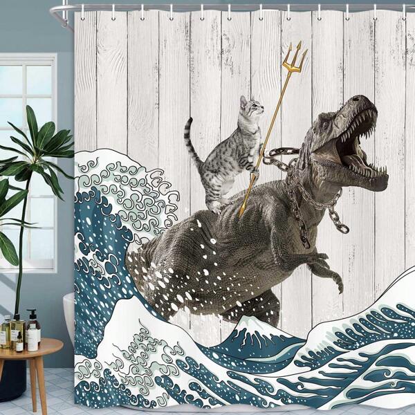 1pc Funny Cat Shower Curtain, Cool Cat Dinosaur Japanese Ocean Wave Decor Fabric Bathroom Curtains Home Bathroom Decor Summer Bathroom Accessories Back To School