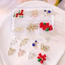 6-Grid Jewelry Light Luxury Alloy Nail Decorations, Containing Various Diamond-Studded Alloy Jewelry, Butterflies, Bells, Cherries, Stars, And Moons Sparkling For Nail Art Design Family DIY