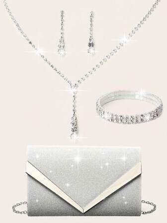 4 Piezas Conjunto de Joyería de Diamantes de Imitación Juego de Collar Pendientes Pulseras para Mujeres Bolso de Embrague de Noche Brillante Chispeante con Forma de V para Novia Boda Oro Brillante Chispeante Bolso de Mano para Mujeres Fiesta de Graduación con Cadena de Metal Desmontable Bolso de Hombro para Mujeres Bolsos de Embrague para Damas Bolso de Mano de Noche Versátil Brillante para Mujeres Bolso Portátil para Cóctel Fiesta Boda Nueva Cartera Bolso de Fiesta