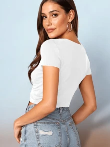 Top Casual Para Mujer Con Fruncido y Manga Corta Unicolor - Blanco - Ver 3
