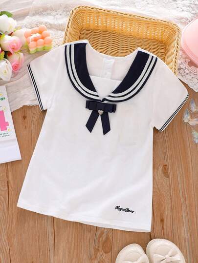 Tween Girls Short Sleeve T-Shirt With Elegant Bowknot Sailor Collar, Casual Collared Polo Tops, School Uniform Tee For Little & Tween Girls Summer