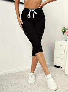 Women's High Waisted Elastic Jeans, Women's Cropped Pants, Elastic Tight Denim Cropped Pants With Drawstring - 黑色 - 查看 4