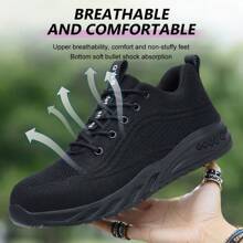 Unisex Stahlkappe Arbeitsschuhe, durchstichhemmende Sicherheitsschuhe, Wanderschuhe mit Stoßdämpfung, rutschfeste Schnürung, Niedrig-Top Design, einfarbiges Obermaterial und Futter aus Stoff, Gummisohle, runde Kappe, weiche komfortable Innensohle