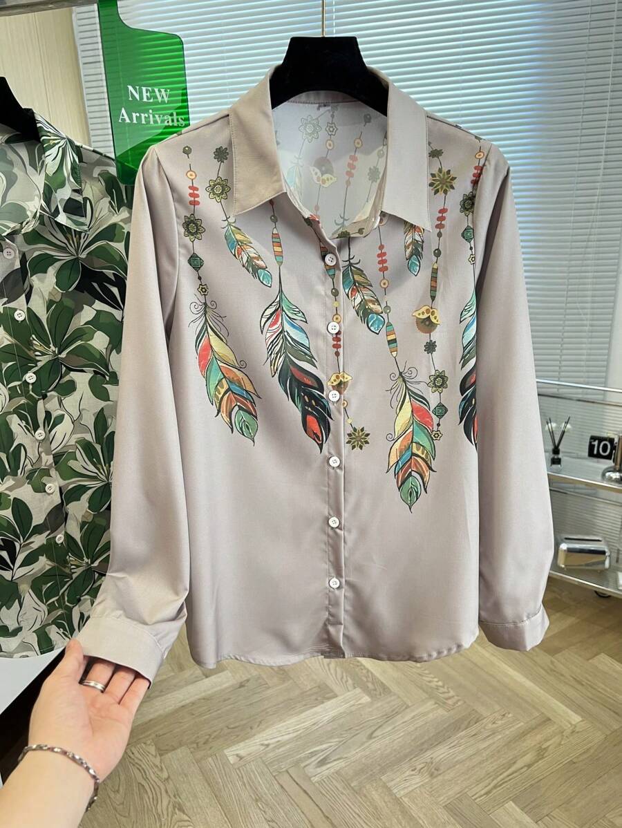 女士时尚新款单排扣长袖衬衫 - 灰色 - 查看 1