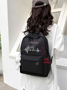 Custom Casual Backpack - Customized Name, Lightweight Backpack - Chic Black Nylon Backpack With Heart & Electro Patterns - Versatile, Lightweight, Large Capacity For Travel & School, Adjustable Straps, Polyester, Zipper Closure Roomy , Adjustable Straps For Daily Commuting, Travel And High School Students, Must-Have For Postmen, Must-Have For Back To School,Valentine's Day Gift - Black - View 3