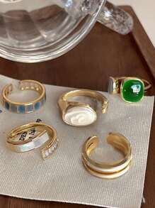 1/6pcs Fashionable Vintage Luxury Niche Design Ins Style High-Quality Diamond & Emerald Adjustable Open Ring, Suitable For Women's Daily Wear, Evening Gala, Photo Shoots, Great Gift For Family & Friends