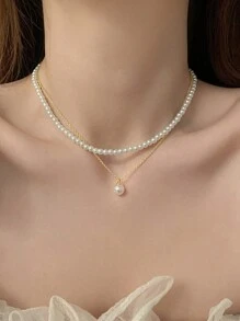 Shescity 2 Pieces Women's Fashionable And Exquisite Faux Pearl Necklace Set Suitable For Festivals,Parties,Girlfriend Gifts Or Women's Daily Banquet Wear - Gold - View 1