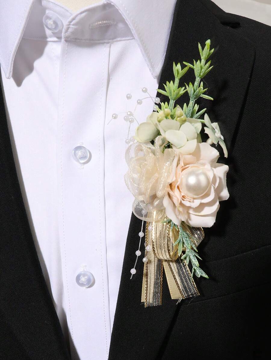 1PC męska butonierka butonierka ze szpilką złote liście wstążki sztuczne perły butonierka szpilka do garnituru ślub pan młody drużba broszka róża butonierka na ślub powrót do domu prom garnitur wystrój - Wielokolorowe - Zobacz 1