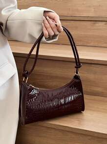 鳄鱼压纹手提包，新款韩版时尚女士手提单肩包，时尚简约新月形通勤手提包