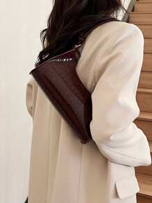 鳄鱼压纹手提包，新款韩版时尚女士手提单肩包，时尚简约新月形通勤手提包