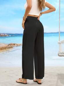 抽绳腰带纯色斜插口袋简约休闲直筒裤黑色夏季 - 黑色 - 查看 2