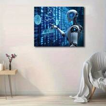 Pintura decorativa con robot de Inteligencia Artificial futurista, gran obra de arte de pared con marco, que muestra la tecnología robótica avanzada y la interfaz de datos digitales, adecuada para decorar la sala de estar, dormitorio u oficina, arte de pared con estilo tecnológico ciberpunk, apropiado para uso doméstico o boutique - Negro - Ver 2