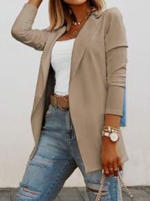 Women's Casual Long Sleeve Knit Blazer Solid Color Open Front Jacket For Work Office - 卡其色 - 查看 1