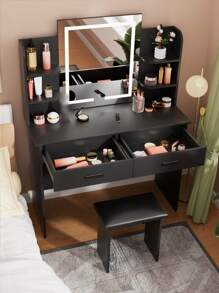 VOWNER 42.5" Vanity Desk With LED Lighted Mirror,  Makeup Vanity Table With Soft Stool, 2 Drawers & 6 Open Shelves For Storage, 3 Color Light Modes, Bedroom Vanity Set Gifts For Girls Women, Christmas - màu đen - Xem 2