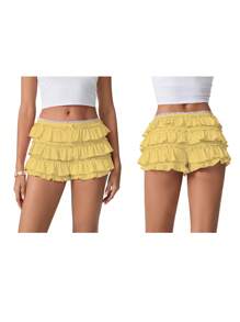 Women Hollow Out Crochet Knit Shorts Ruffled Layered Pleated Tiered Summer Fall Beach Music Festival Shorts - Màu vàng - Xem 2
