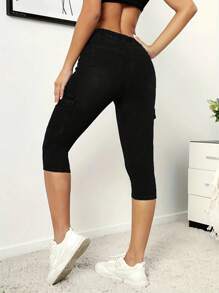 Women's High Waisted Elastic Jeans, Women's Cropped Pants, Elastic Tight Denim Cropped Pants With Drawstring - 黑色 - 查看 3