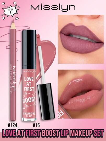 Misslyn 2件套即刻爱上唇妆套装，顺滑唇线笔，持久显色，高光泽，Y2K风格妆容，适合派对、海滩、旅行、度假、露营、户外活动，玫瑰时尚女孩新年妆容，无动物实验，纯素，春节、情人节最佳礼物