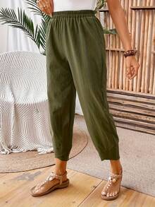 Cropped Elastic Waist Harem Pants, Casual And Versatile - Army Green - View 3