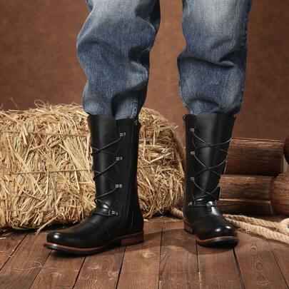 Men's Motorcycle Combat Boots: Black Platform Design With Lace-Up, Side Zip, Adjustable Buckle  Non-Slip Lug Sole  Stylish And Safe