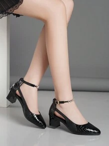High Heel Pumps, Chunky Heel, Single Strap With Rhinestone Embellishment - Black - View 2