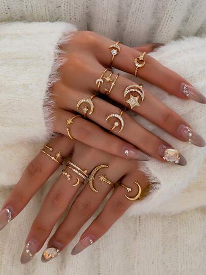 1 st Cooper Zirconia Moon Star Ring För Kvinnor Lyxig Pave Inställning Crystal Ring Justerbar storlek, Mellanöstern Trendiga Starlight Ringar Smycken