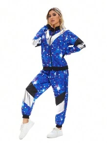In-Stock Retro 80s Disco Tracksuit Jacket And Pants, Party Hiphop Set For Women, Galaxy Print Halloween, Party Dress - Blue - View 1
