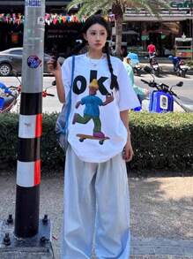 日式风格女士宽松圆领休闲短袖T恤，可爱卡通印花，春夏 - 白色 - 查看 1