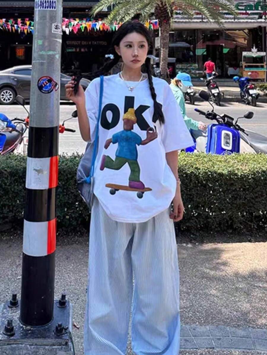 日式风格女士宽松圆领休闲短袖T恤，可爱卡通印花，春夏 - 白色 - 查看 1