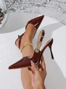 Women's Lacquered Leather Rabbit Fur Blend Glass Rhinestone Decor Vintage High Heel D'Orsay Pumps, Elegant For Spring & Autumn - Burgundy - View 3