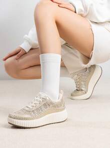 Women Platform Casual Sneakers Thick-Sole Woven Style Fashion Comfortable Wedge Sneakers Autumn Winter Outdoor Sport Shoes - 金色 - 查看 5