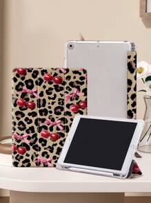 Leopard Spot & Cherry Pattern Protective Case Compatible With IPad 10th Gen, IPad Air 4/5 10.9-Inch, Built-In Pen Slot Compatible With Samsung Tab A8 10.5-Inch, Tab A7 Lite 8.7-Inch, Stylish Leather Cover, Suitable For Back To School, Valentine's Day, New Year Gifts
