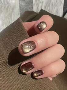 Monina Y2K 波普艺术 24 件摩卡棕色闪光猫眼水钻短款按压指甲，闪亮闪亮的女士礼物，优雅浪漫的时尚 - 摩卡棕 - 查看 3